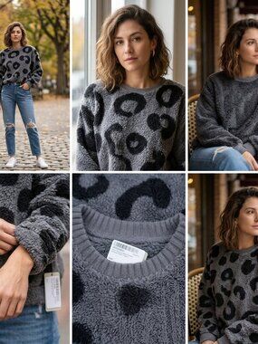 DKNY Fleece Cropped Sweater Size XS Crew Neck Leopard Print Gray Black